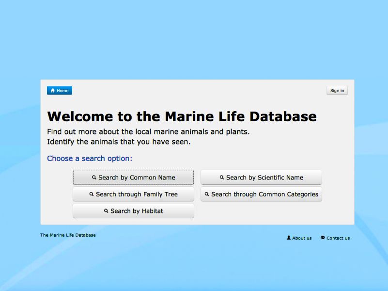 Marine Life Database Home Screen